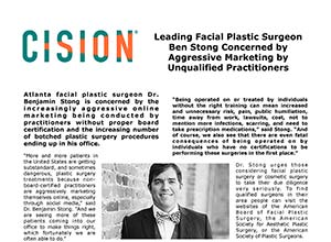 A newspaper article headline about a facial plastic surgeon concerned about aggressive marketing by unqualified practitioners, with a photo of the surgeon in the lower section.