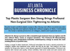A news article headline about a plastic surgeon introducing non-surgical skin tightening to Atlanta, with highlighted text about collagen, elastin, and hyaluronic acid stimulation.