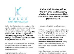 A brochure for Kalos Hair Restoration describing its advanced hair restoration treatments and unique follicular unit extraction service.