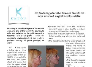 A flyer for KalosLift Facelift featuring Dr. Ben Stong, with text details and side-by-side before and after profile photos of a woman’s face.