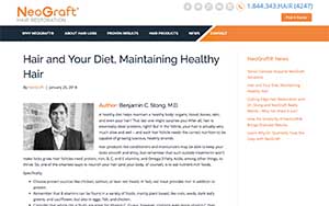 Screenshot of a NeoGraft blog article titled "Hair and Your Diet, Maintaining Healthy Hair" by Benjamin C. Stong, M.D., with a photo of the author on the left.