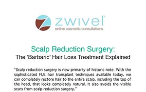 Zwivel logo above text discussing scalp reduction surgery, describing it as a historic hair loss treatment largely replaced by modern hair transplant techniques.