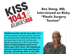 A radio station graphic with "KISS 104.1 FM Atlanta’s R&B" logo, a quote about medical tourism risks, and a portrait of a woman with short hair and earrings.