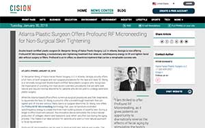 Screenshot of a news article titled "Atlanta Plastic Surgeon Offers Profound RF Microneedling for Non-Surgical Skin Tightening" with a photo of a man included.