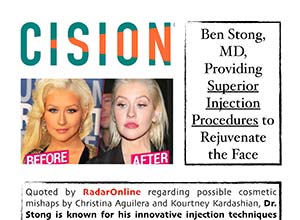 Side-by-side photos labeled "Before" and "After" showing a woman's face, with text about a doctor providing superior facial injection procedures for rejuvenation.