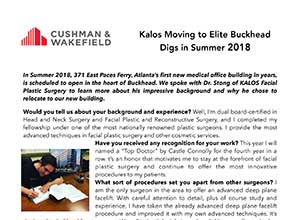A newsletter page titled "Kalos Moving to Elite Buckhead Digs in Summer 2018" with Cushman & Wakefield logo and an interview with a doctor about a new medical office.