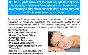 A woman with clear skin reclines on a towel beside a list of spa services, including injectables, laser treatments, microneedling, and facial rejuvenation options.
