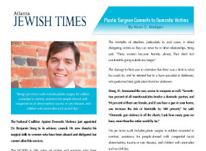 A newspaper article titled "Plastic Surgeon Commits to Domestic Victims" features a headshot of a smiling man next to blocks of text.