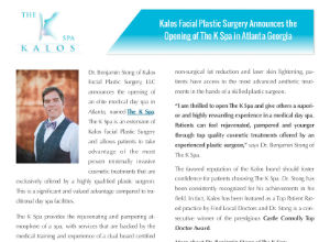 A magazine article featuring a headshot of a man in a suit and text about The K Spa's opening in Atlanta, Georgia, with a blue headline and the clinic’s logo at the top left.