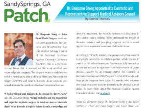 A newsletter clipping announces Dr. Benjamin Stong’s appointment to a medical advisory council for cosmetic and reconstructive surgery, with a photo and accompanying article.