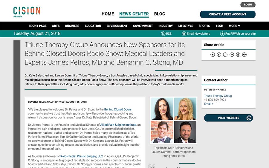 Screenshot of an article about Behind Closed Doors radio show and its sponsors.