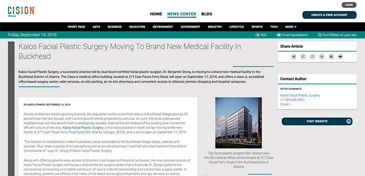 Screenshot of the article: Kalos Facial Plastic Surgery Moving To Brand New Medical Facility In Buckhead