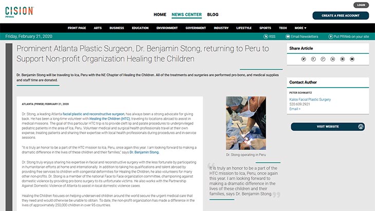 Prominent Atlanta Plastic Surgeon, Dr. Benjamin Stong, returning to Peru to Support Non-profit Organization Healing the Children