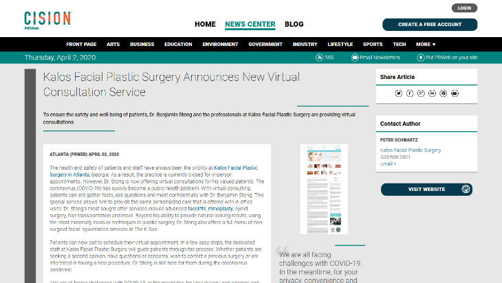 Screenshot of an article - Kalos Facial Plastic Surgery Announces New Virtual Consultation Service