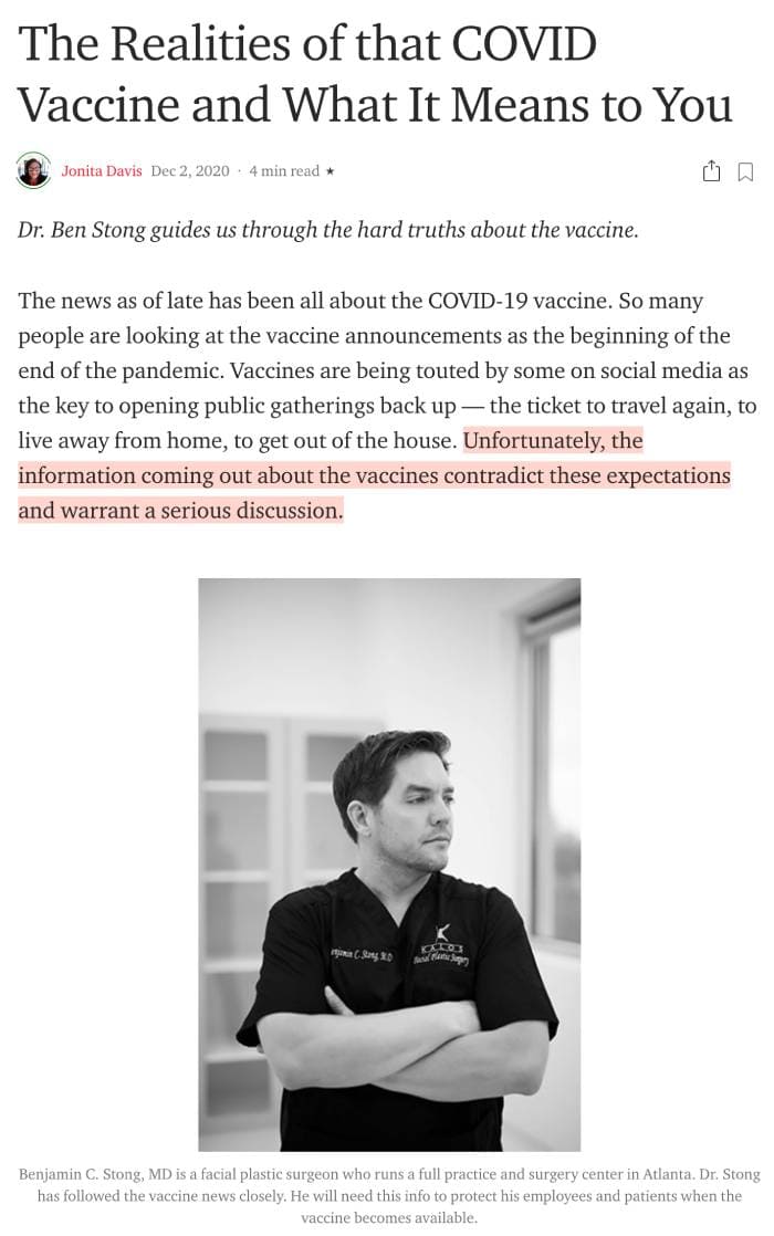 Screenshot of an article titled: The Realities of that COVID Vaccine and What It Means to You