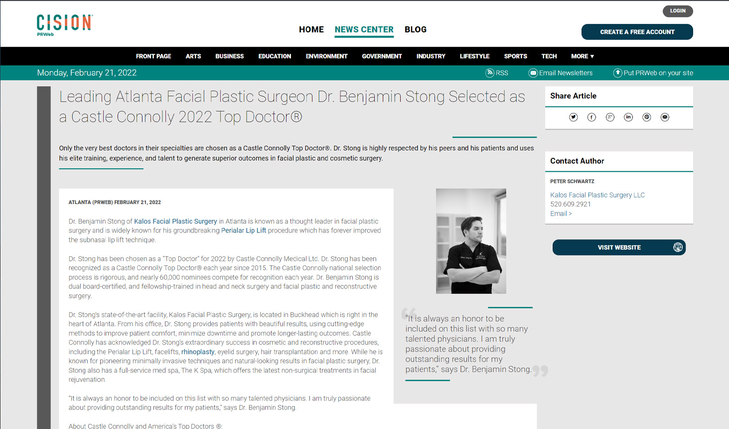 Screenshot of a news release announcing Dr. Benjamin Stong’s selection as a Castle Connolly 2022 Top Doctor for facial plastic surgery, displayed on the Cision PR Newswire website.