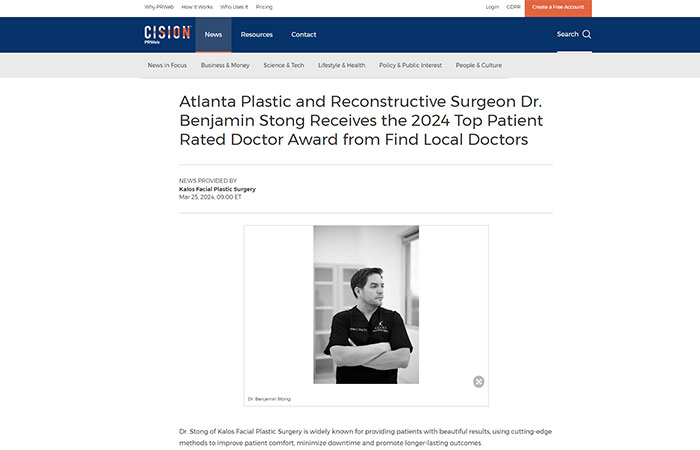 printscreen of an article titled: Atlanta Plastic and Reconstructive Surgeon Dr. Benjamin Stong Receives the 2024 Top Patient Rated Doctor Award from Find Local Doctors