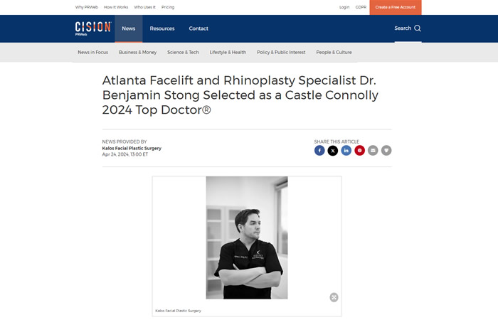 printscreen of an article titled: Atlanta Facelift and Rhinoplasty Specialist Dr. Benjamin Stong Selected as a Castle Connolly 2024 Top Doctor®