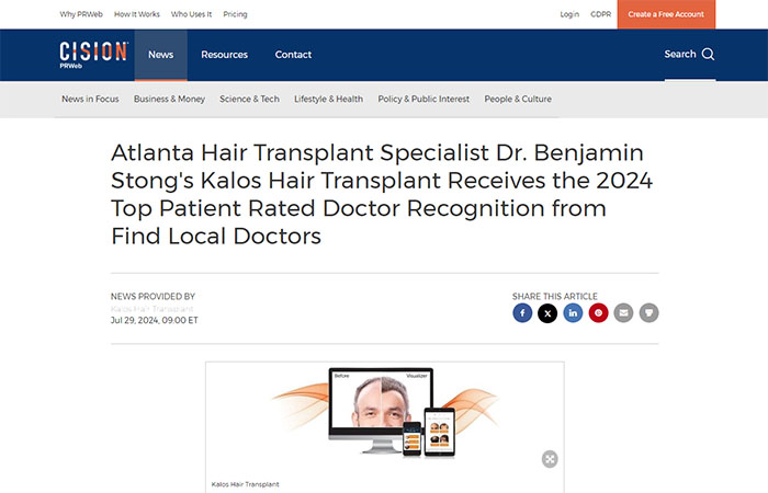 screenshot of an article titled: Atlanta Hair Transplant Specialist Dr. Benjamin Stong's Kalos Hair Transplant Receives the 2024 Top Patient Rated Doctor Recognition from Find Local Doctors