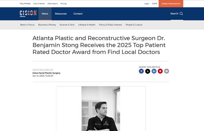 screenshot of an article titled: Atlanta Plastic and Reconstructive Surgeon Dr. Benjamin Stong Receives the 2025 Top Patient Rated Doctor Award from Find Local Doctors