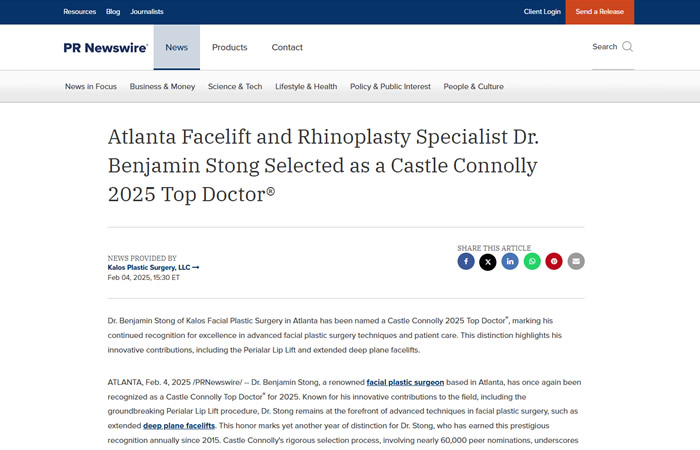screenshot of article titled: Atlanta Facelift and Rhinoplasty Specialist Dr. Benjamin Stong Selected as a Castle Connolly 2025 Top Doctor®