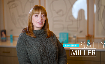 Woman with brown hair sitting in a room with abstract art in the background. Text reads "Kalos Client Sally Miller.