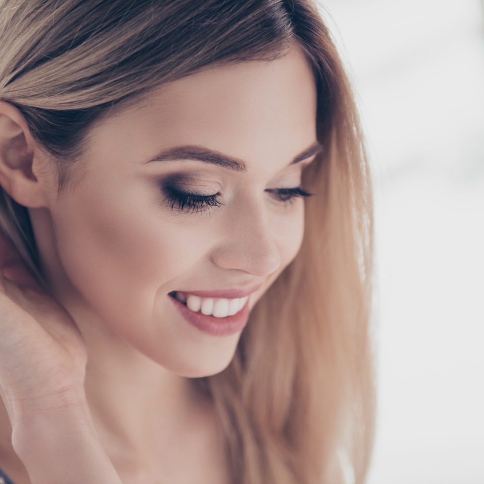 Close up portrait of successful, pretty, charming, gorgeous, cheerful, cute, modern, naked, nude, natural, positive, correcting her hair behind ear, skincare, bodycare, healthcare concept