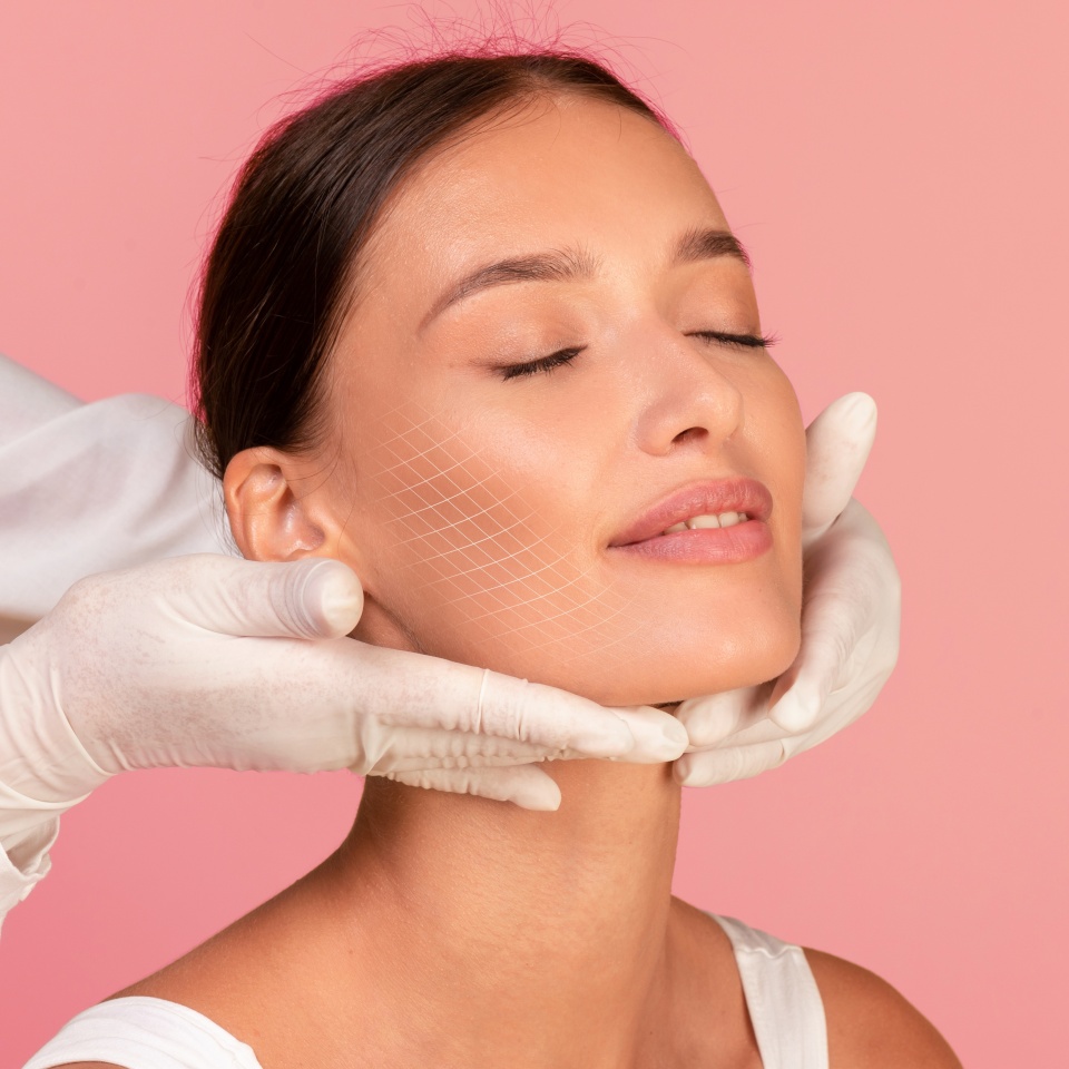 Skin Rejuvenation. Beautician Doctor Examining Face Of Beautiful Young Female With Drawn Mesh On Cheek, Attractive Woman Getting Beauty Treatments At Cosmetologist Cabinet, Pink Background, Collage