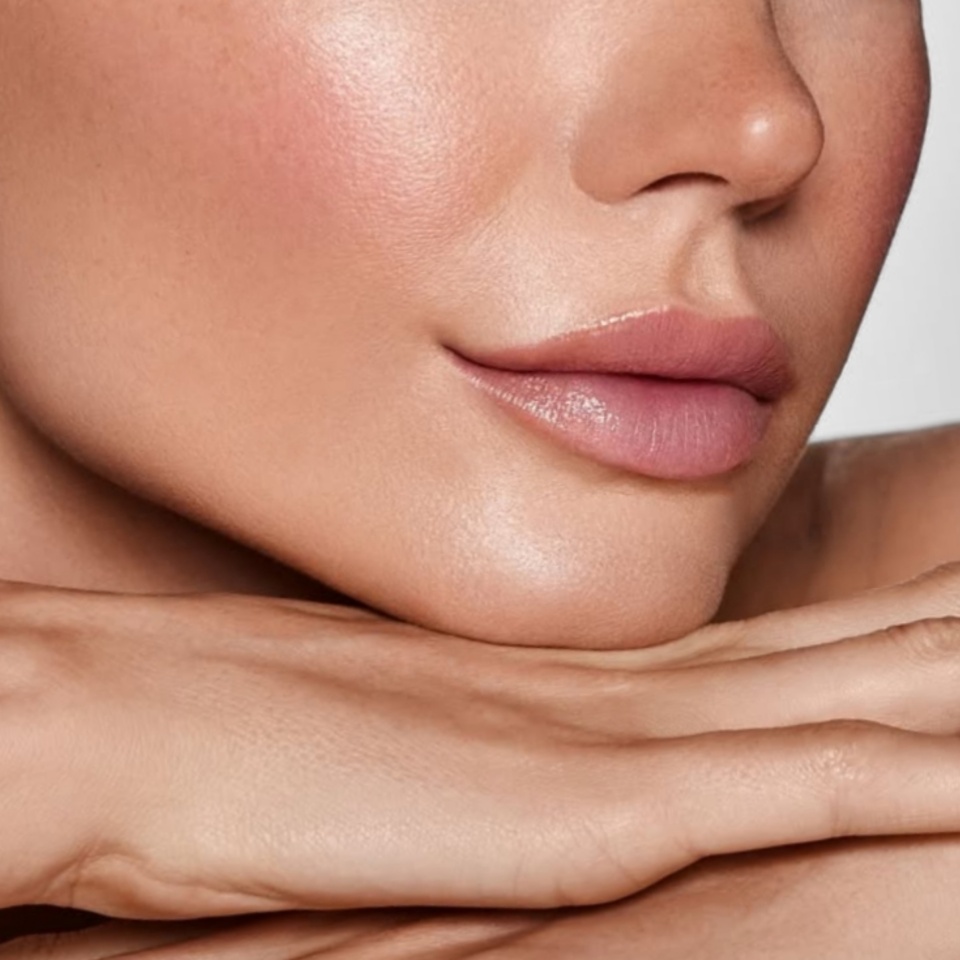 Close up of beautiful young woman's face with makeup, fresh and smooth skin and lipstick putting her hands under her chin with clear skin