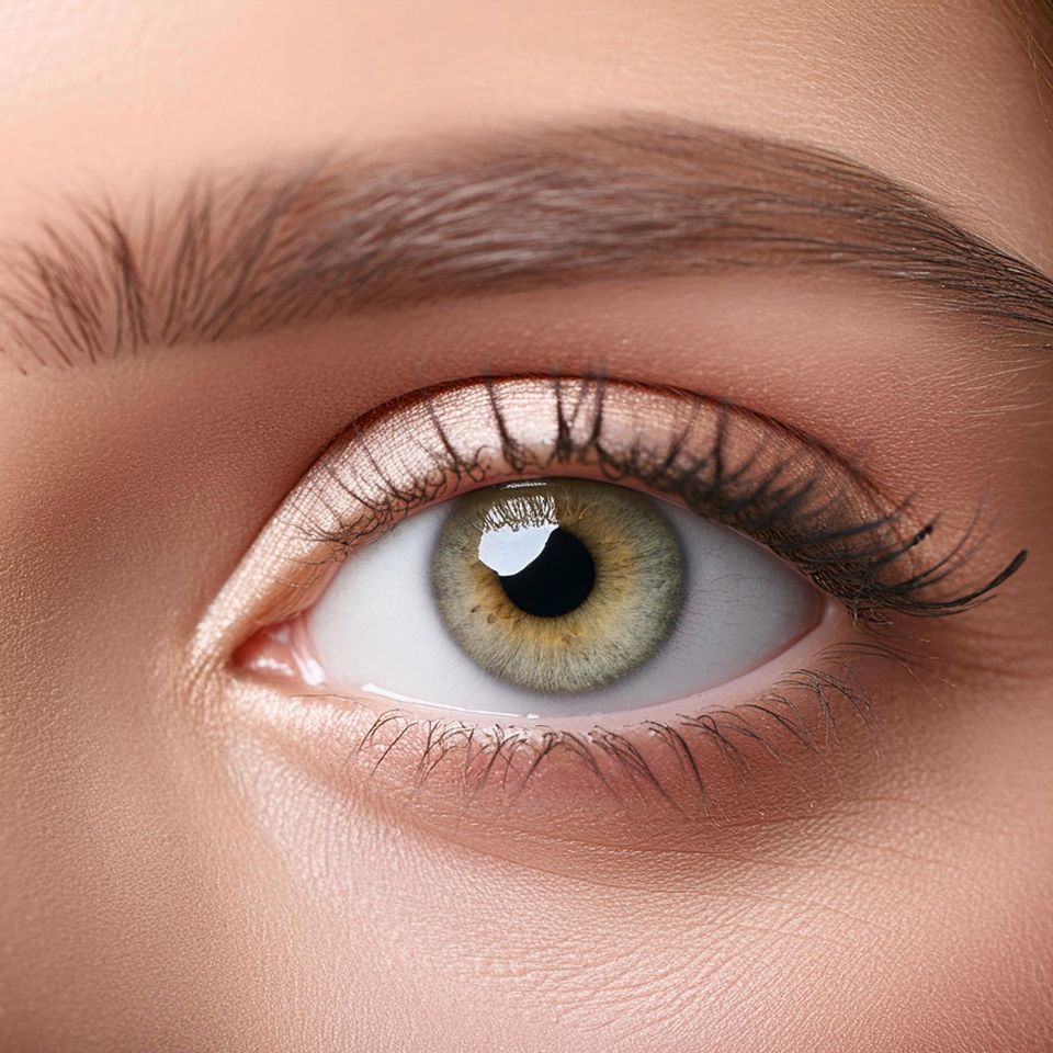 Close-up of a human eye with a hazel iris. The eyebrow is well-groomed, and eyelashes are prominent. Skin around the eye appears smooth and makeup enhances the eyelid.