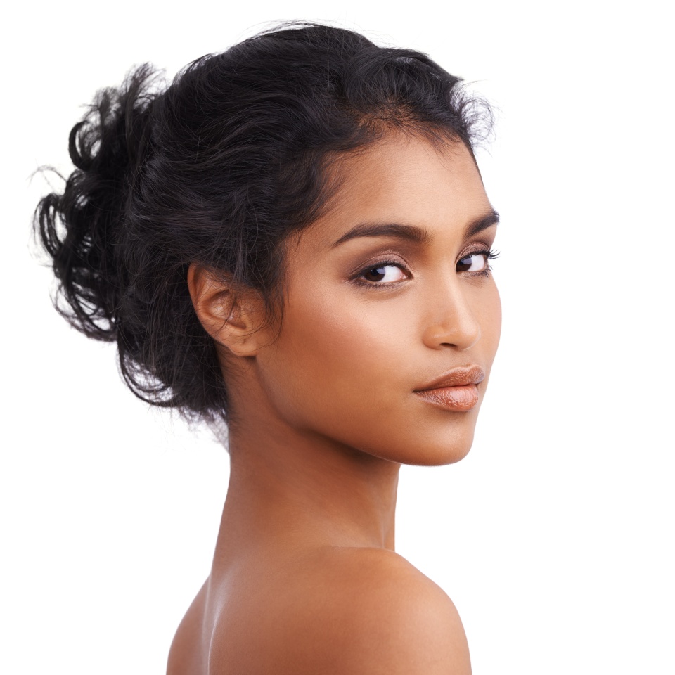 Portrait, skincare and Indian woman with beauty, cosmetics and lady isolated against a white studio background. Face, female person and confident model with dermatology, salon treatment and grooming