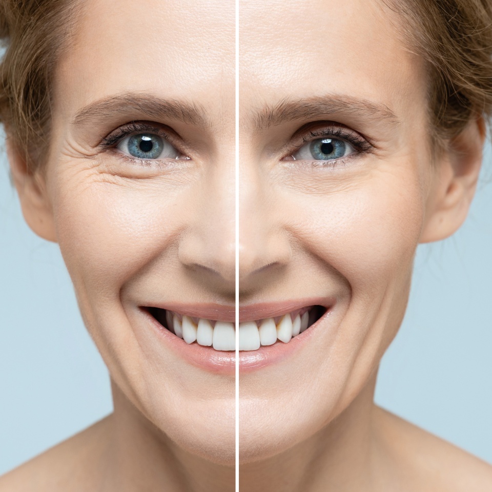 Woman's face before and after skin tightening and anti-aging procedures. Remove of wrinkles, nasolabial folds, skin rejuvenation procedure