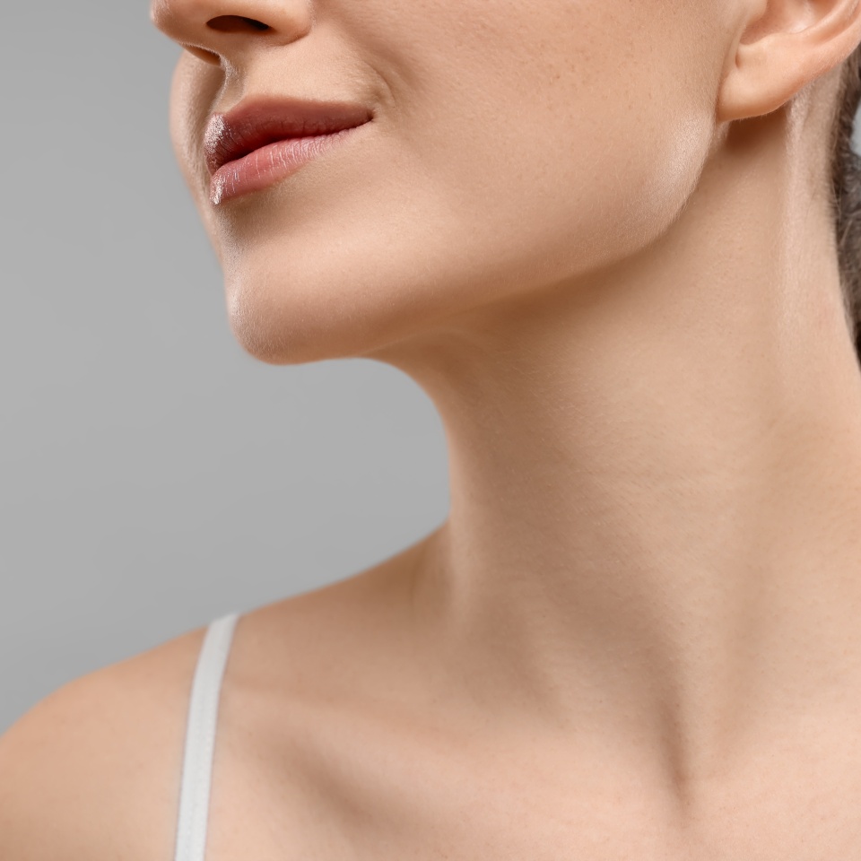 Beauty concept. Woman on grey background, closeup