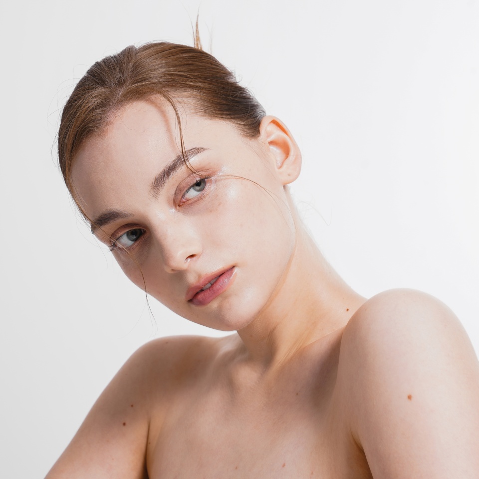 Natural and stylish skincare images of young Western woman