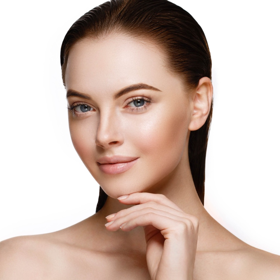 Beautiful Woman Face Portrait with hands. Beauty Skin Care Concept. Fashion Beauty Model isolated on white