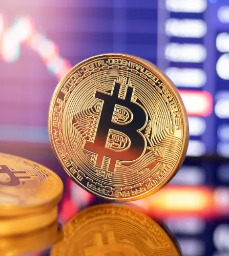 A gold-colored physical Bitcoin coin is shown in focus, with a blurred digital financial chart in the background.