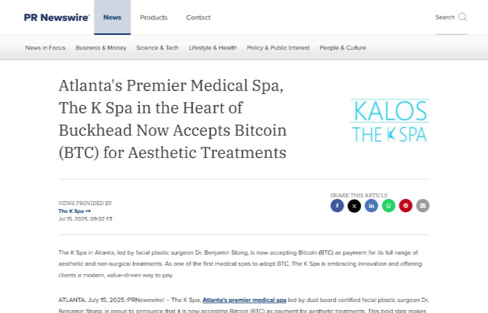 Screenshot of a news article announcing that The K Spa in Atlanta now accepts Bitcoin (BTC) for aesthetic treatments, with the spa's logo and social media sharing icons visible.