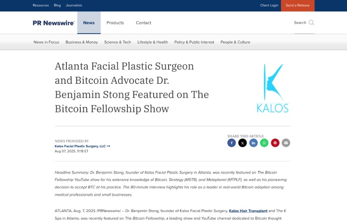 screenshot of article titled: Atlanta Facial Plastic Surgeon and Bitcoin Advocate Dr. Benjamin Stong Featured on The Bitcoin Fellowship Show