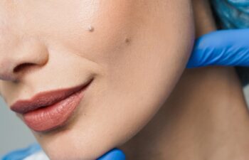 Closeup consultation with plastic surgeon on white background. Cosmetic rejuvenating facial treatment. Doctor man with blue medical gloves touches girl face. Patient ask about lips and chin injections