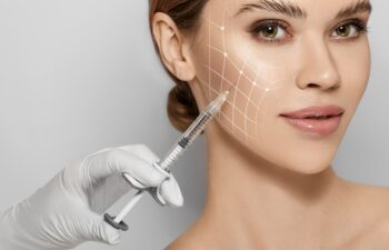 Beauty injections. Lifting lines on a woman's face showing of skin tightening and face contour correction with beauty injections in cosmetology