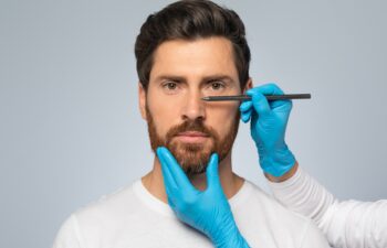 Doctor making marks on male patient's face, middle aged man on consultation at surgeon, standing on grey background. Facial plastic surgery concept