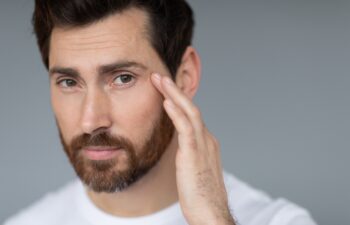 Anti-aging eye care treatment. Handsome middle aged man touching under eyes skin and looking at camera, closeup, grey studio background, copy space