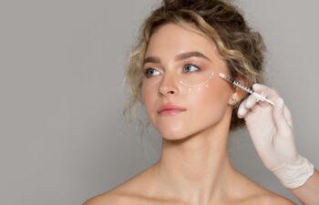 Beautician doctor making injection to young beautiful woman with drawn line under eye, lady with perfect smooth skin getting mesotherapy treatment or hyaluronic acid shot