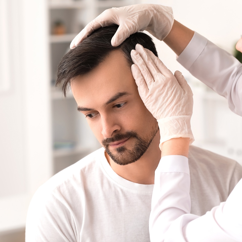 Doctor examining young man's hair in clinic, closeup