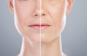 Collage, before after and face of woman for skincare, anti aging and beauty with surgery in studio. Female model, transformation and makeover with treatment, dermatology and change by gray background