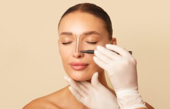 Doctor making marks on female nose, young woman posing on beige studio background with closed eyes during consultation. Rhinoplasty concept.