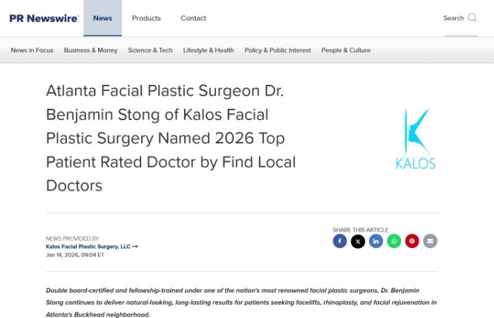 Screenshot of a PRNewswire article announcing Dr. Benjamin Stong as the 2026 Top Patient Rated Doctor by Find Local Doctors, with the Kalos Facial Plastic Surgery logo on the right.