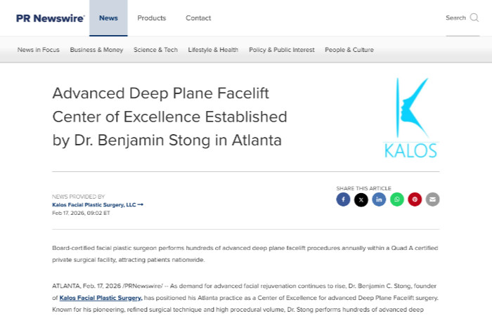 A news article announces the establishment of the Advanced Deep Plane Facelift Center of Excellence by Dr. Benjamin Stong in Atlanta.