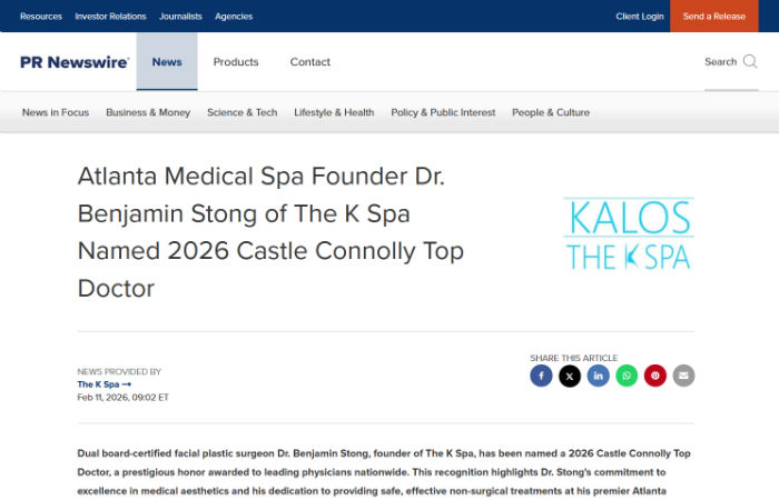 Screenshot of a PR Newswire article announcing Dr. Benjamin Stong of The K Spa as a 2026 Castle Connolly Top Doctor, with Kalos The K Spa logo displayed.