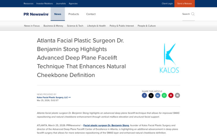 Screenshot of a PR Newswire article titled "Atlanta Facial Plastic Surgeon Dr. Benjamin Stong Highlights Advanced Deep Plane Facelift Technique That Enhances Natural Cheekbone Definition.